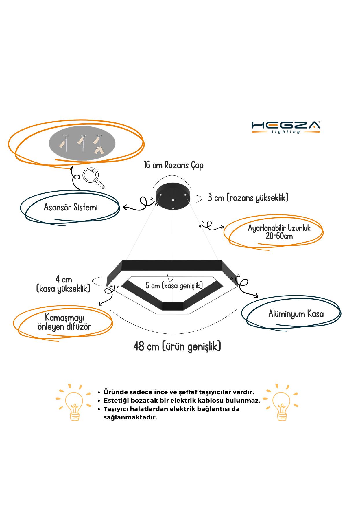 Fetta ( Siyah Kasa, Sarı Işık ) Ledli Modern Led Avize, Salon, Mutfak, Antre, Hol, Masa, Sarkıt