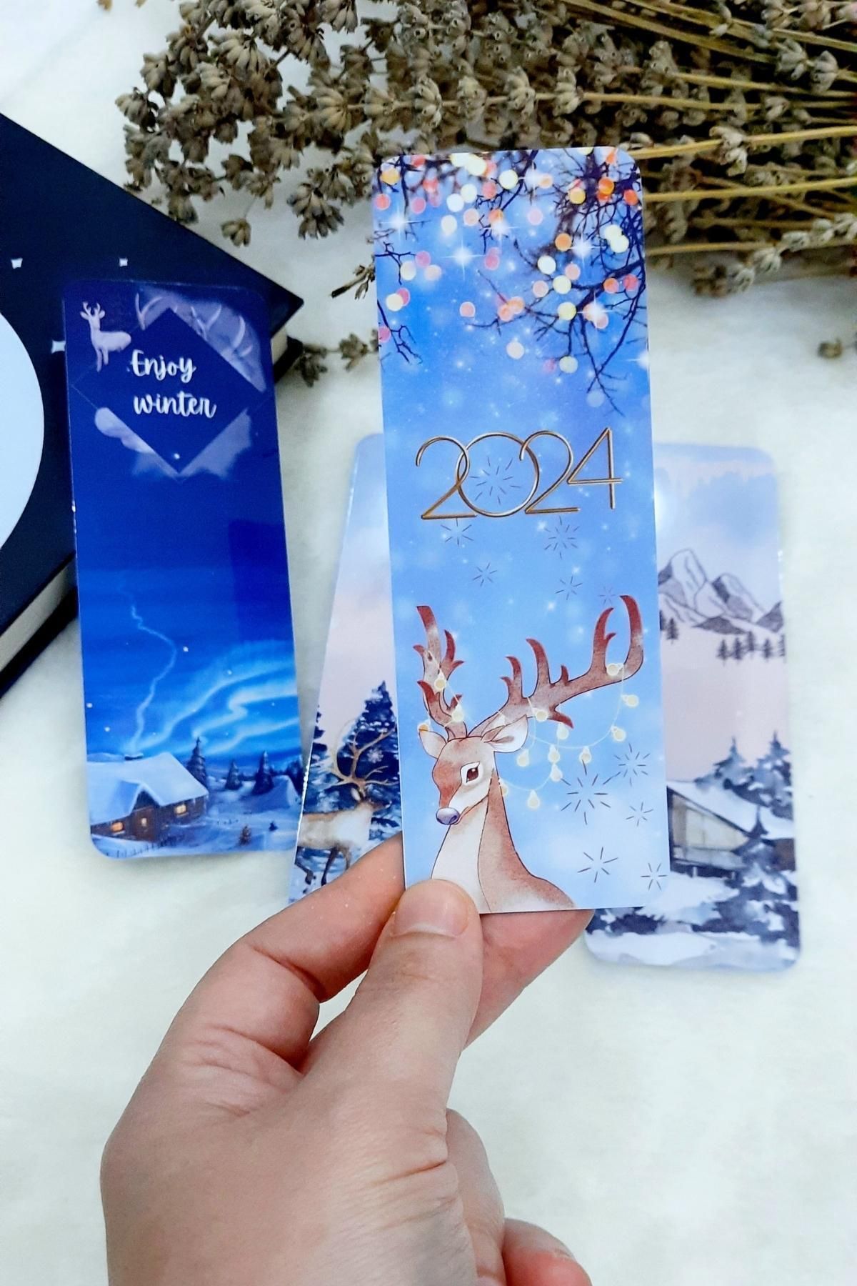 Karlı Orman ve Kuzey Işıkları Manzaralı Yılbaşı Temalı Kitap Ayracı (4 Lü Set)/Christmas/Noel