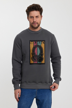 MUSIC Baskılı Bisiklet Yaka Oversize Şardonlu Sweatshirt Image 0