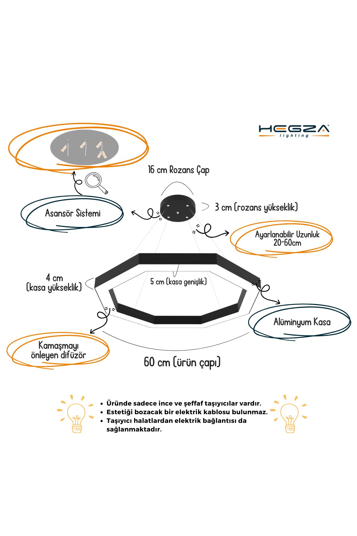 Octagon ( Siyah Kasa, Doğal Beyaz Işık ) Modern Led Avize, Salon, Mutfak, Antre, Hol, Masa, Sarkıt