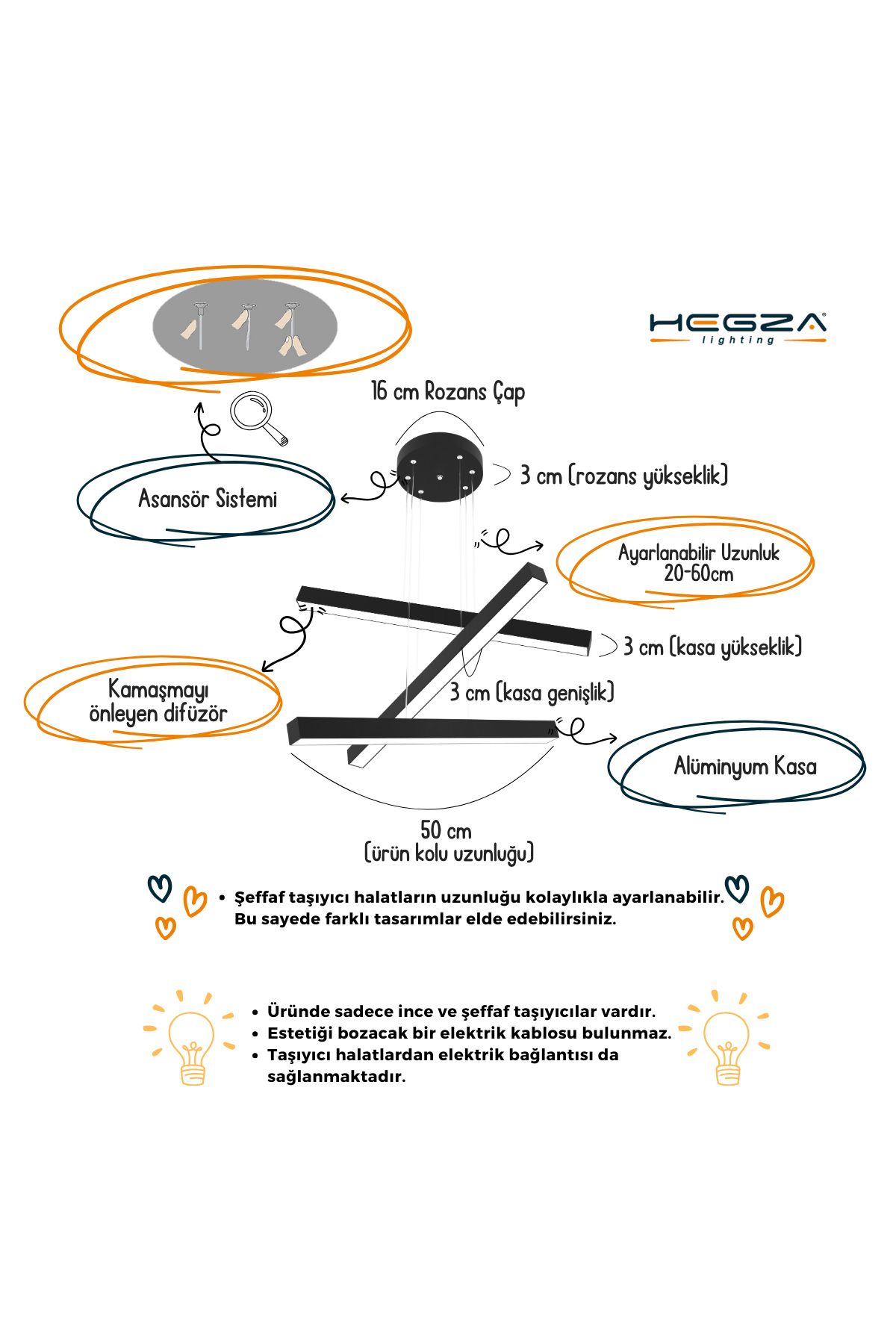 Trillizo ( Siyah Kasa, Beyaz Işık ) Ledli Modern Sarkıt Led Avize, Salon, Mutfak, Oturma Odası