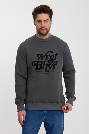 WRST BHVR Baskılı Bisiklet Yaka Oversize Şardonlu Sweatshirt Image 0