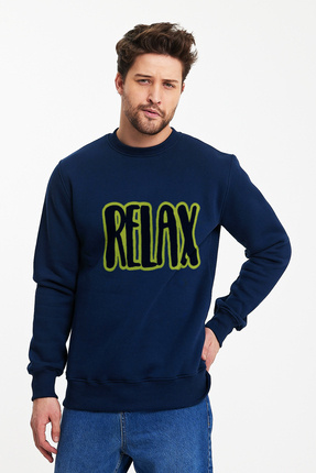 RELAX Baskılı Bisiklet Yaka Oversize Şardonlu Sweatshirt Image 0