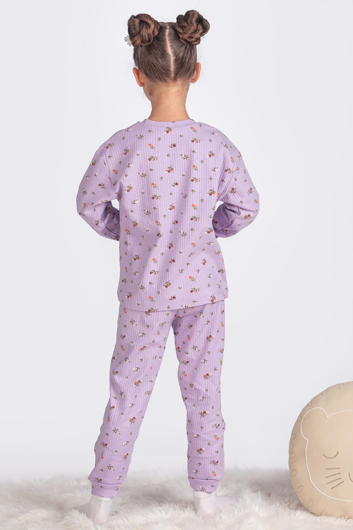 %100 Pamuk Kır Çiçeği Desenli Kız Çocuk Pijama Takımı - Lila