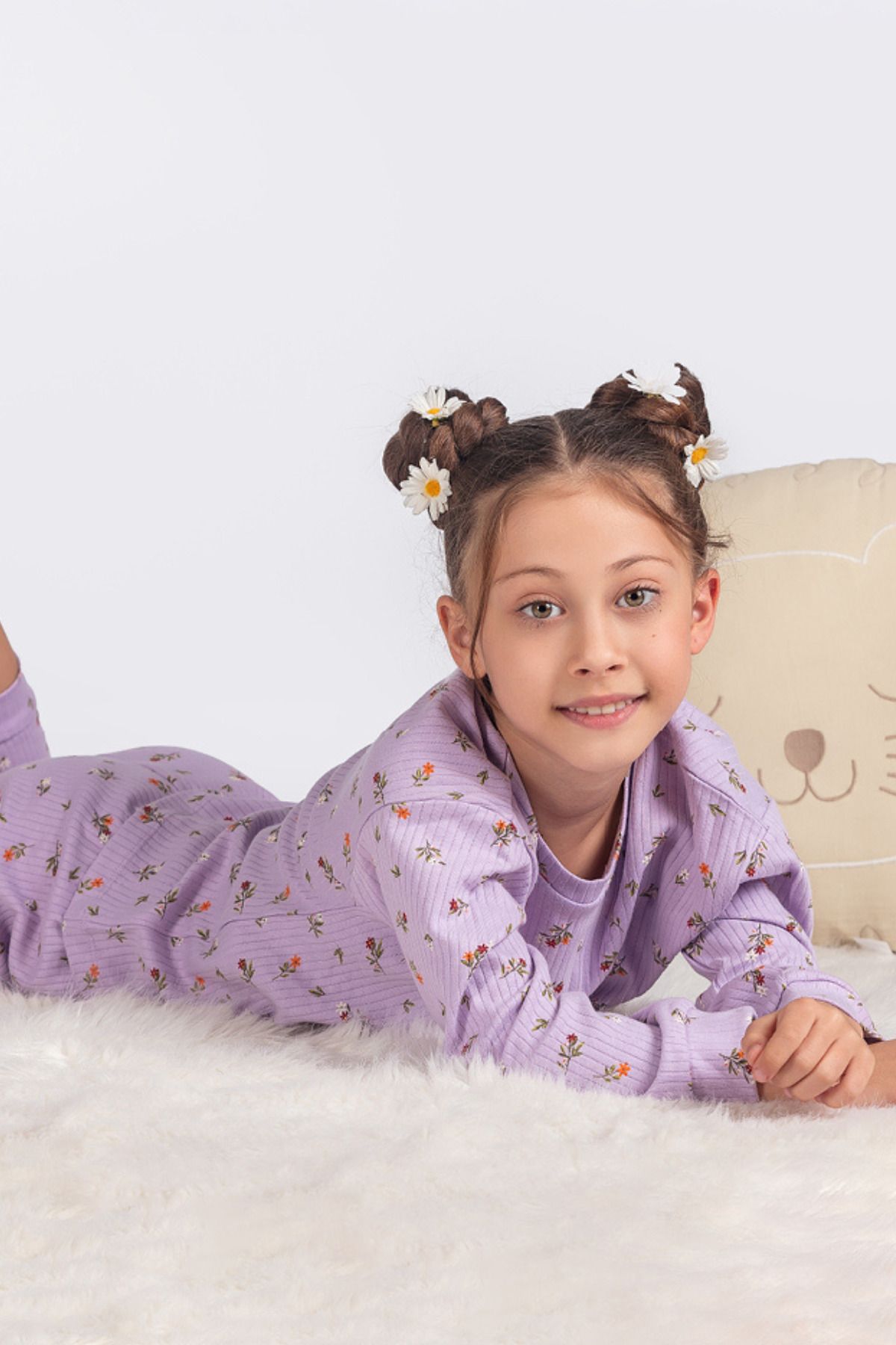 %100 Pamuk Kır Çiçeği Desenli Kız Çocuk Pijama Takımı - Lila