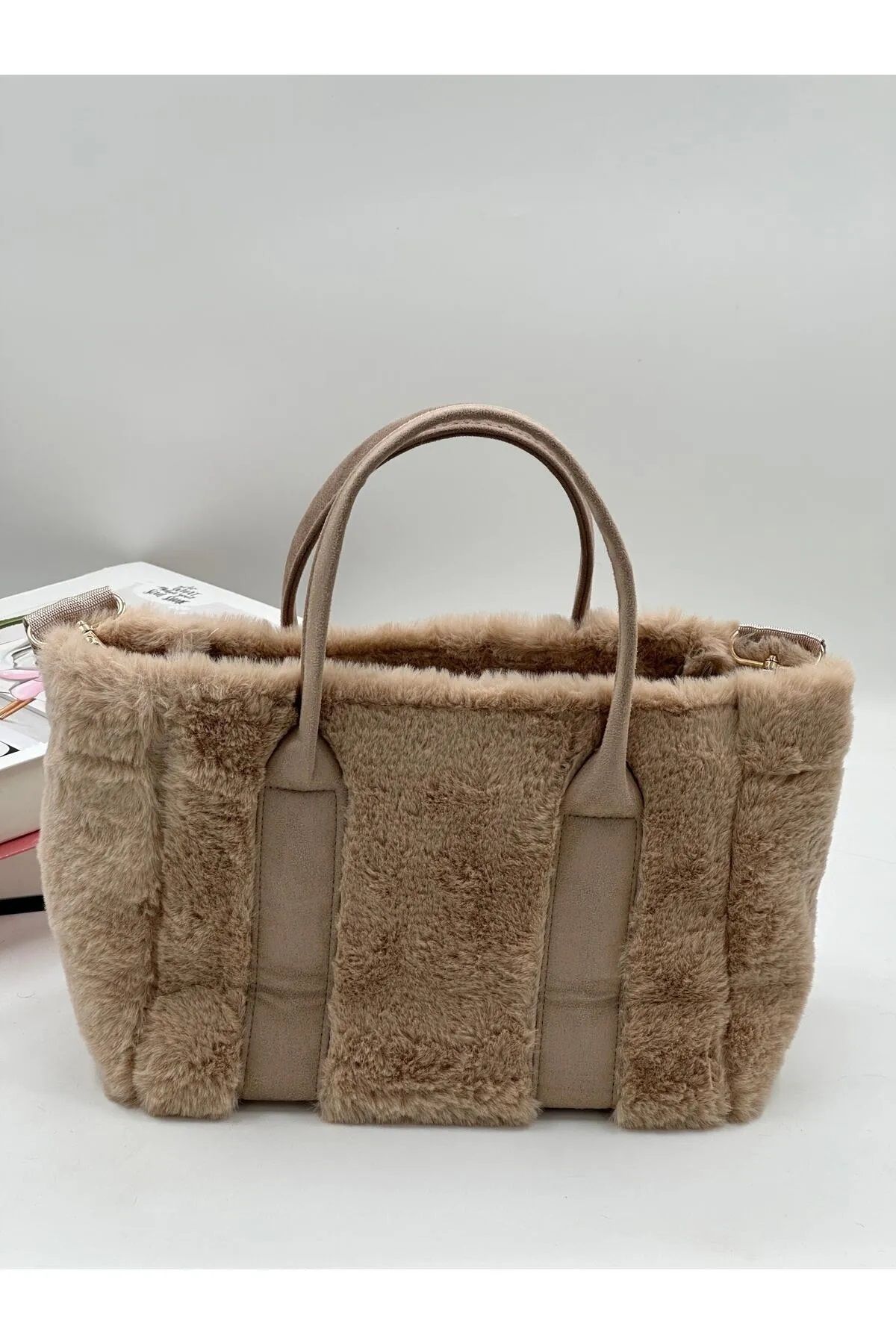 Kadın Vizon The Tote Bag Yazılı Kolon Askılı Kürklü Peluş Çapraz Çanta