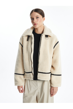 Kadın Ceket Yaka Düz Pelüş Mont Image 0