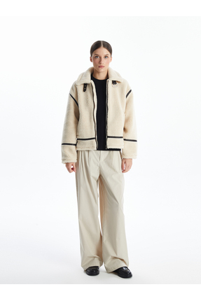 Kadın Ceket Yaka Düz Pelüş Mont Image 5