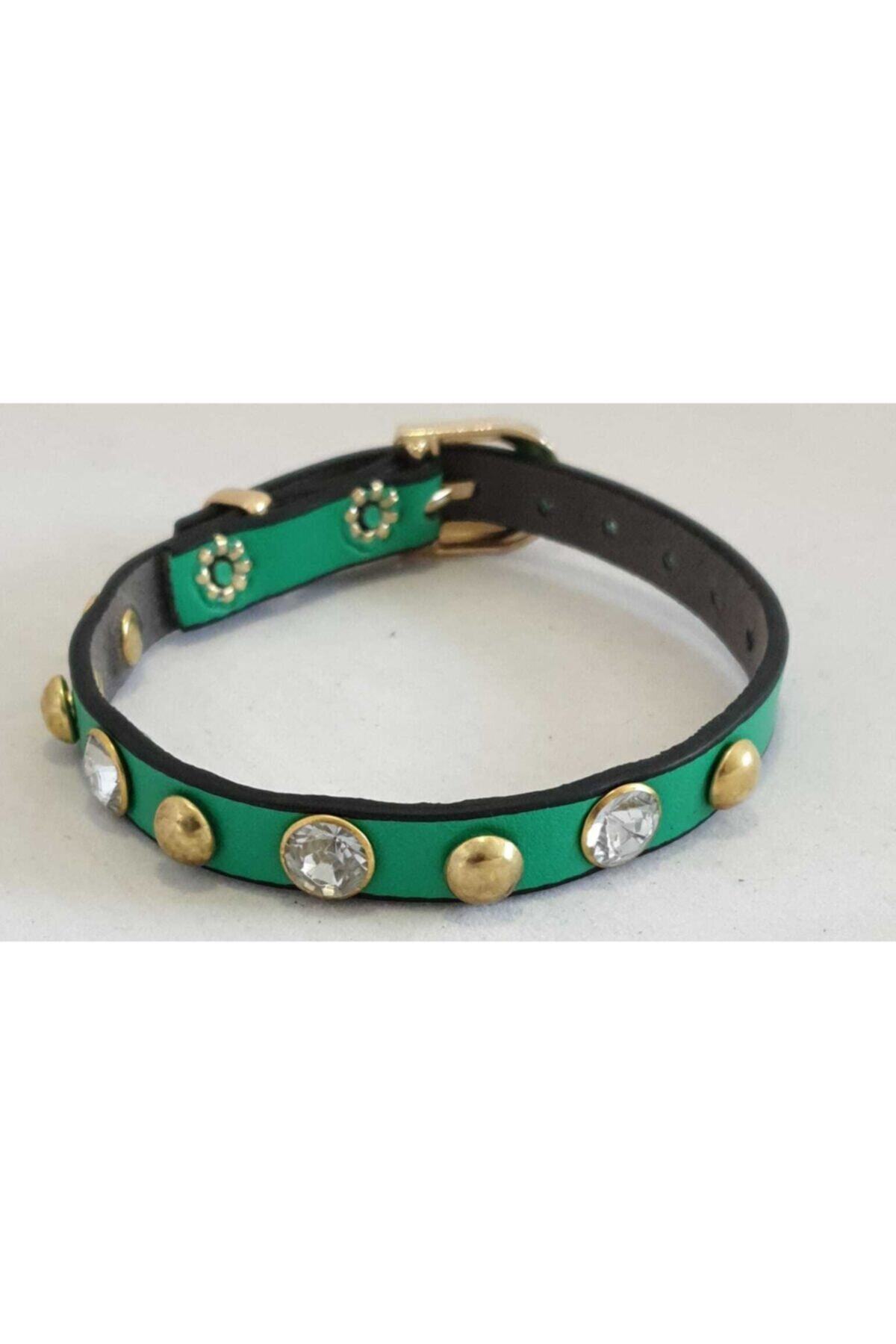Elite Yeşil Rivet + Taşlı Rivetli Soft 1 Cm Gold Metal Tokalı Kedi Tasması