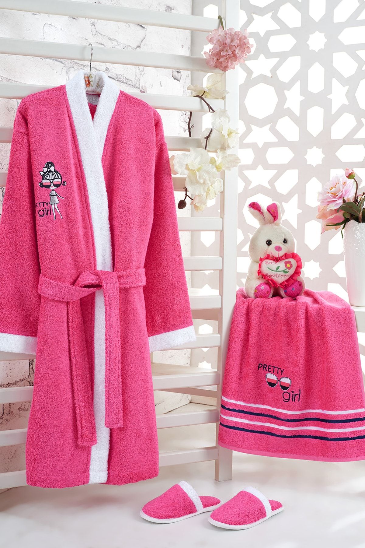 Z&R Home Pretty Gırl Pembe Bambu Çocuk Bornoz Seti