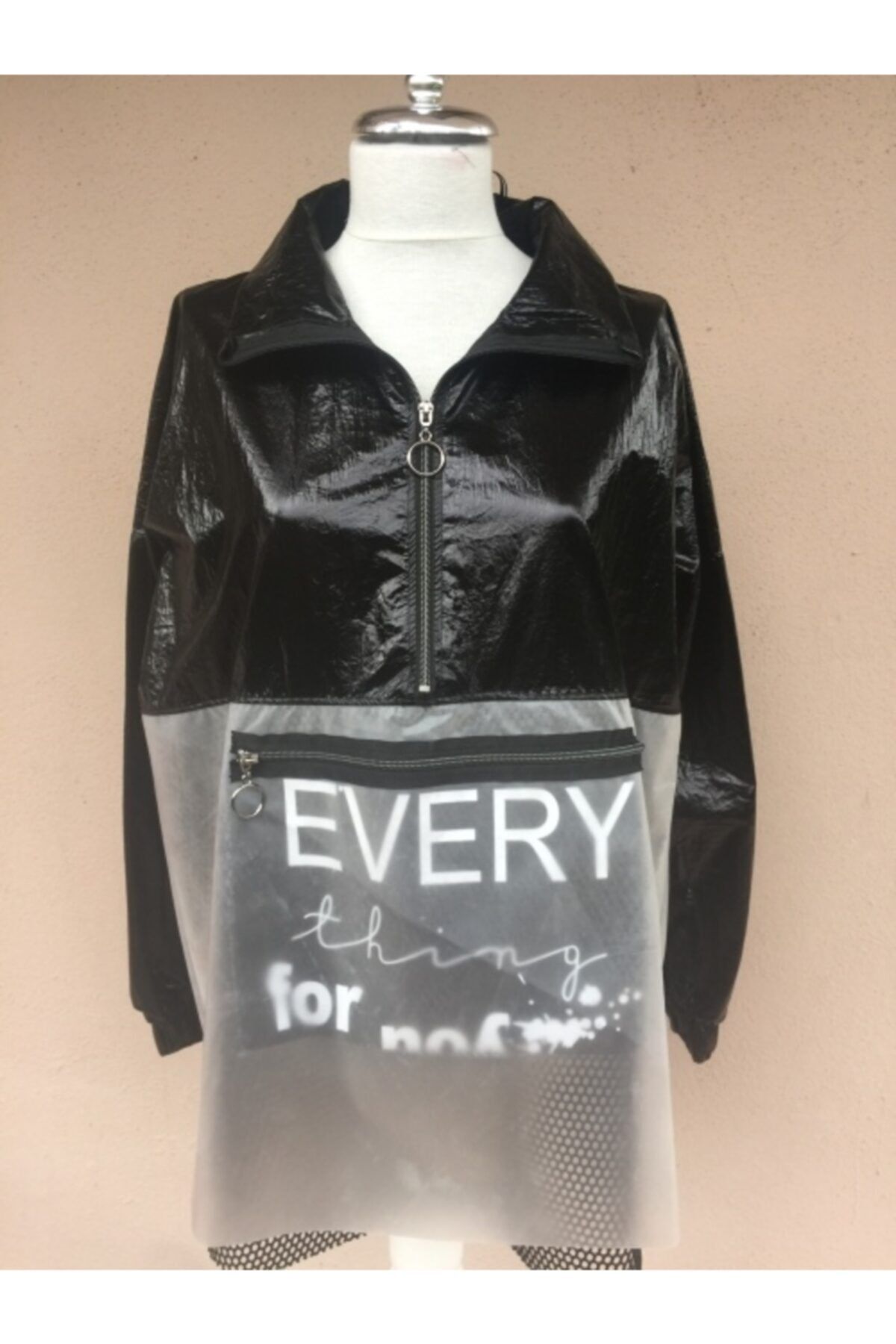 NurUsluButik Kadın Siyah Sweat Görünümlü Yağmurluk