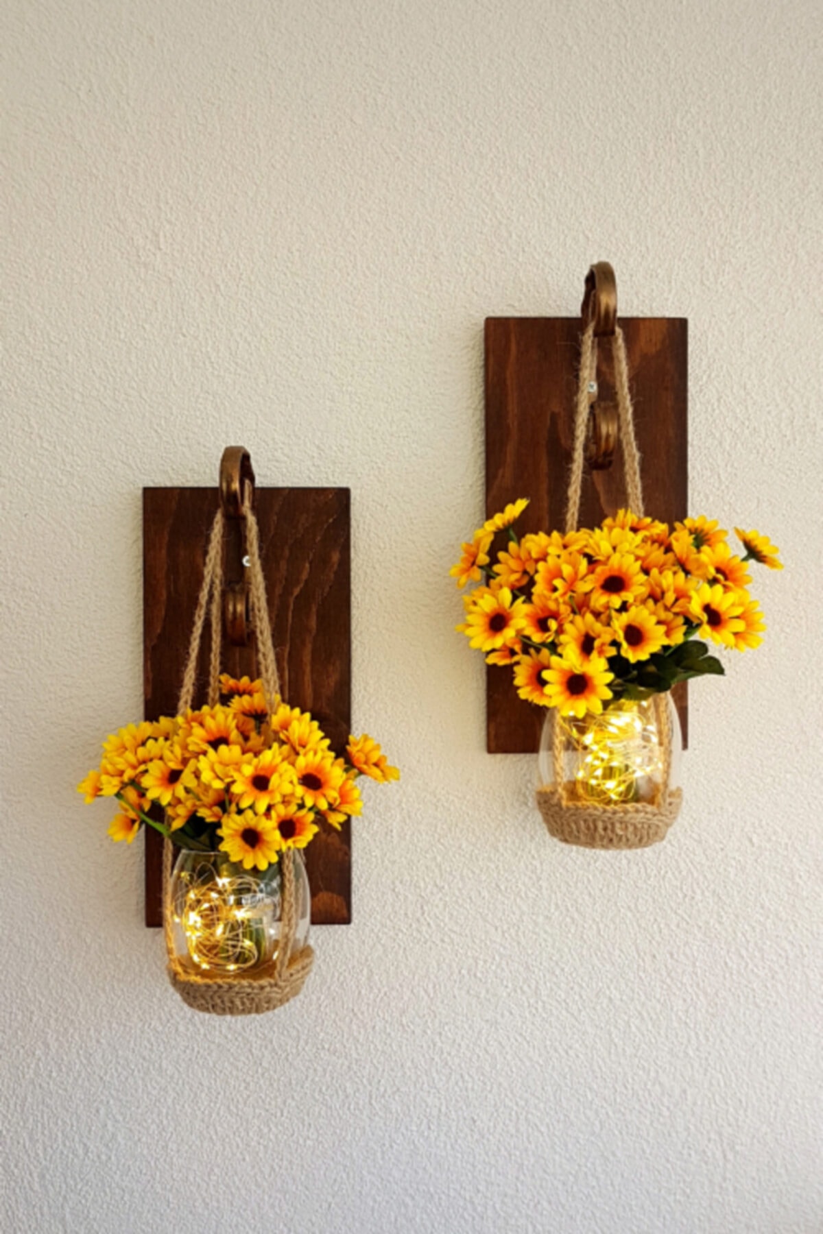 STDEKOR Ceviz Sarı Papatya Çiçekli Led Işıklı Aplik 2'li Set
