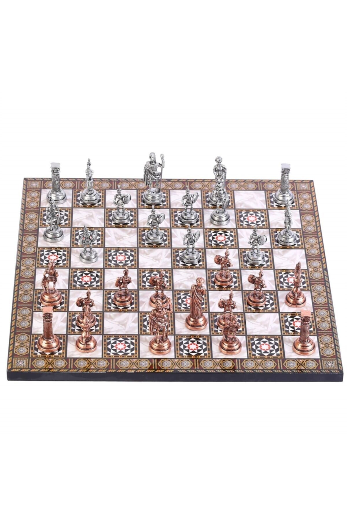 Gift Home Orta Boy Metal Roma Satranç Takımı Antik Ve Sedef Desenli Mdf Ahşap Satranç Tahtası (37x37 Cm.)