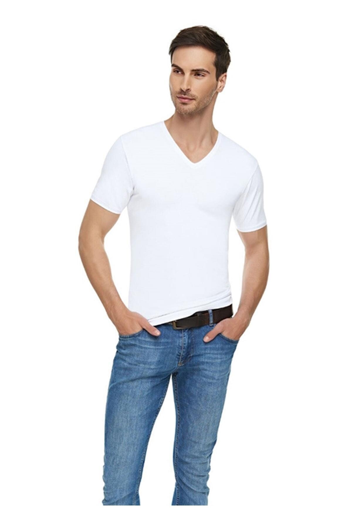Tutku Erkek Beyaz İç Giyim Elit Likralı V Yaka Kısa Kol Fanila