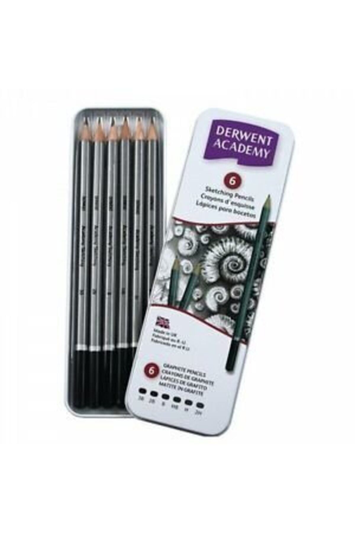 Derwent Academy Sketching Dereceli Kalem Seti 6'lı (3b-2h) Metal Kutu