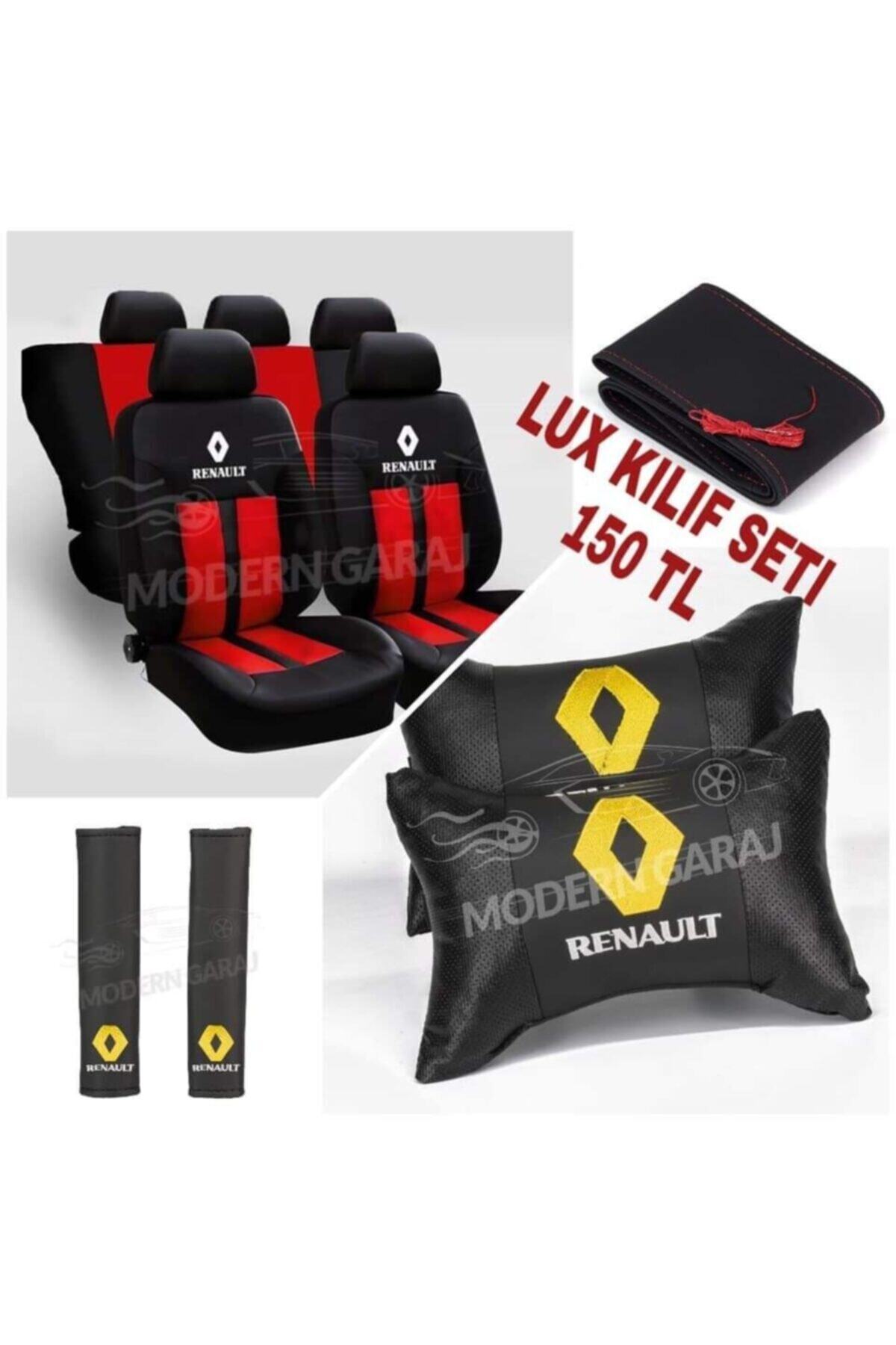 şimika Renault Şeritli Oto Koltuk Kılıfı Set+ Deri Yastık Kemer+ Dikme Direksiyon