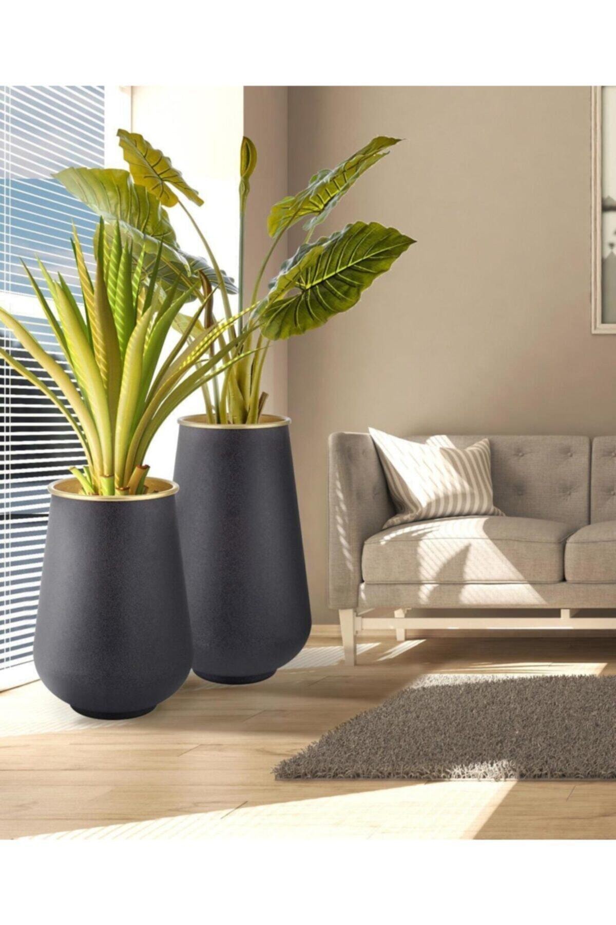 KOCHERHOME Saksı Siyah Gold 70 X 40 cm 60x40 İkili Set