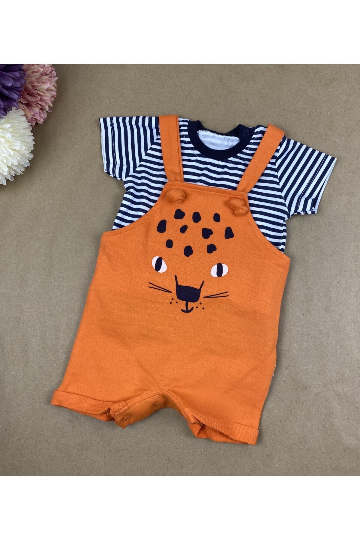 bebefoni home Erkek Bebek Çizgili Tişörtlü Leopar Desenli Salopet Takım