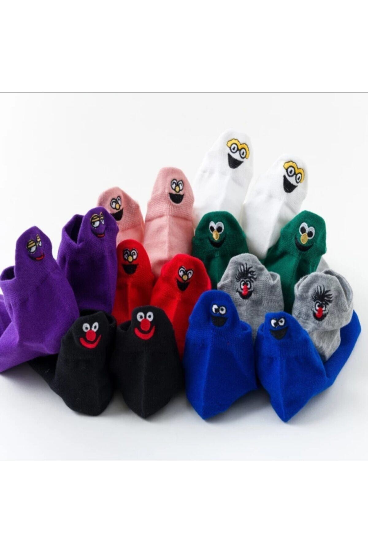çorapmanya Unisex Renkli Emojili Nakışlı Işlemeli Çorap 8 Çift