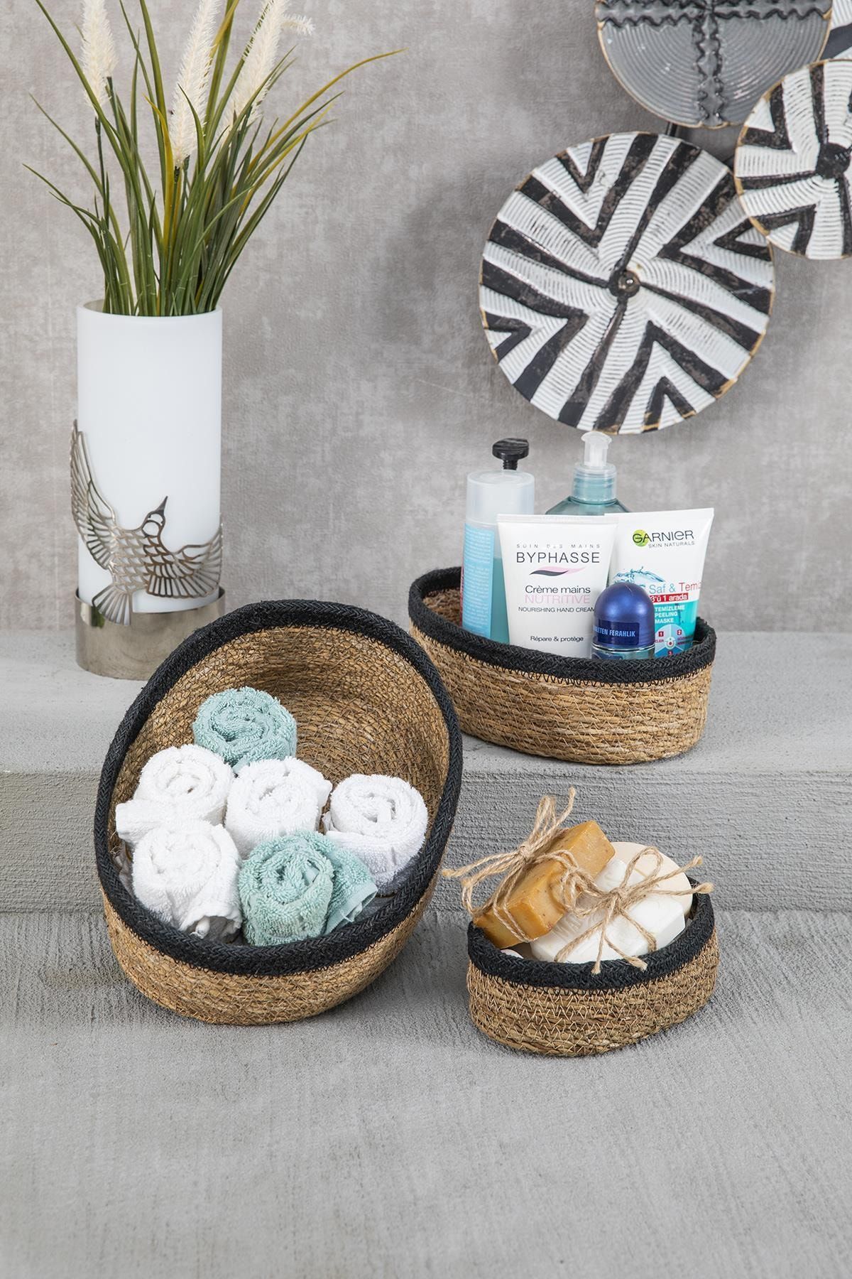 Doreline Elips Siyah Şeritli Hasır Sepet Lüx Organizer 3 Boy Banyo Ve Ev Dekoru