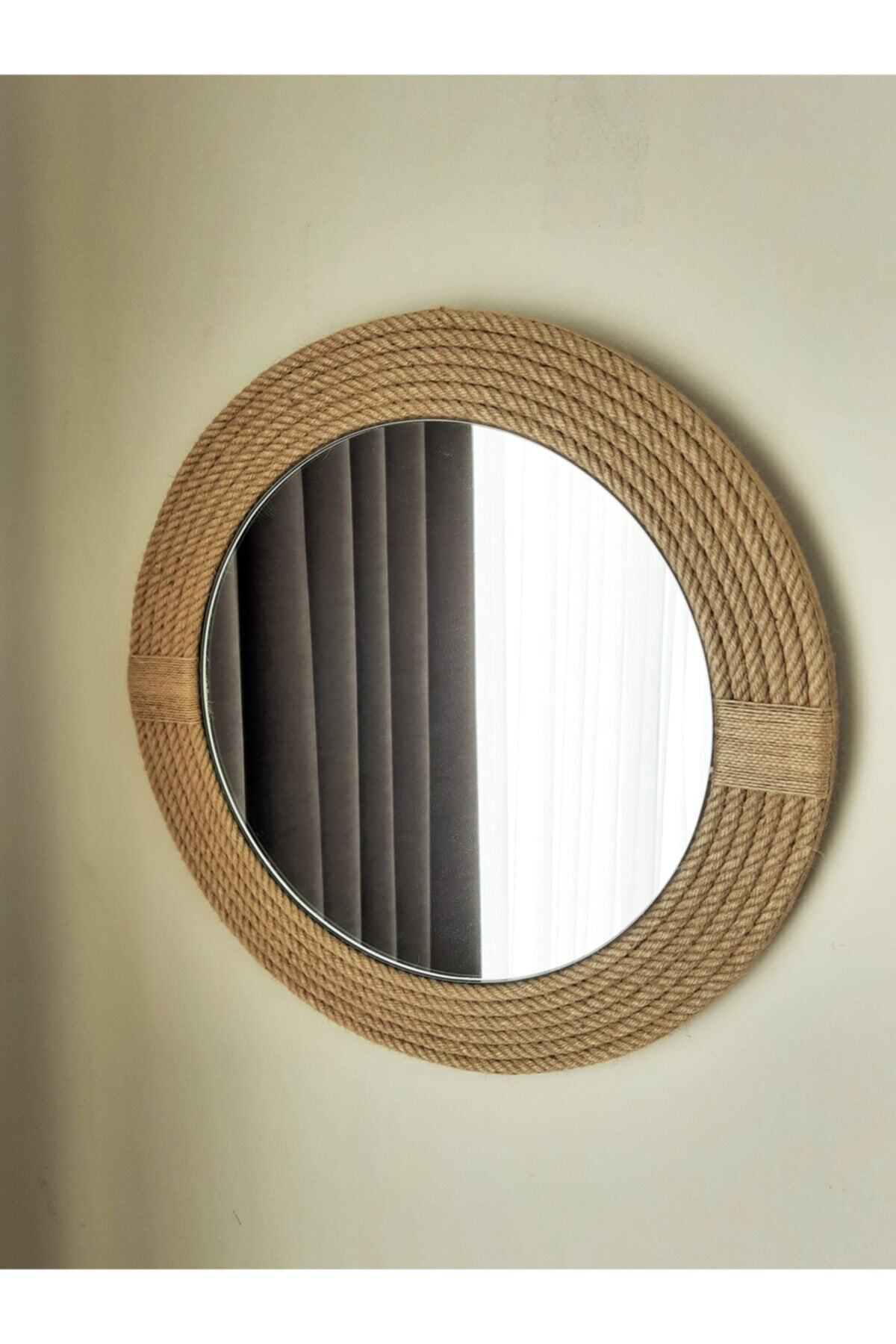 DFN WOOD Jut Halatlı Yuvarlak Dekoratif Duvar Salon Banyo Aynası 90 Cm Çap