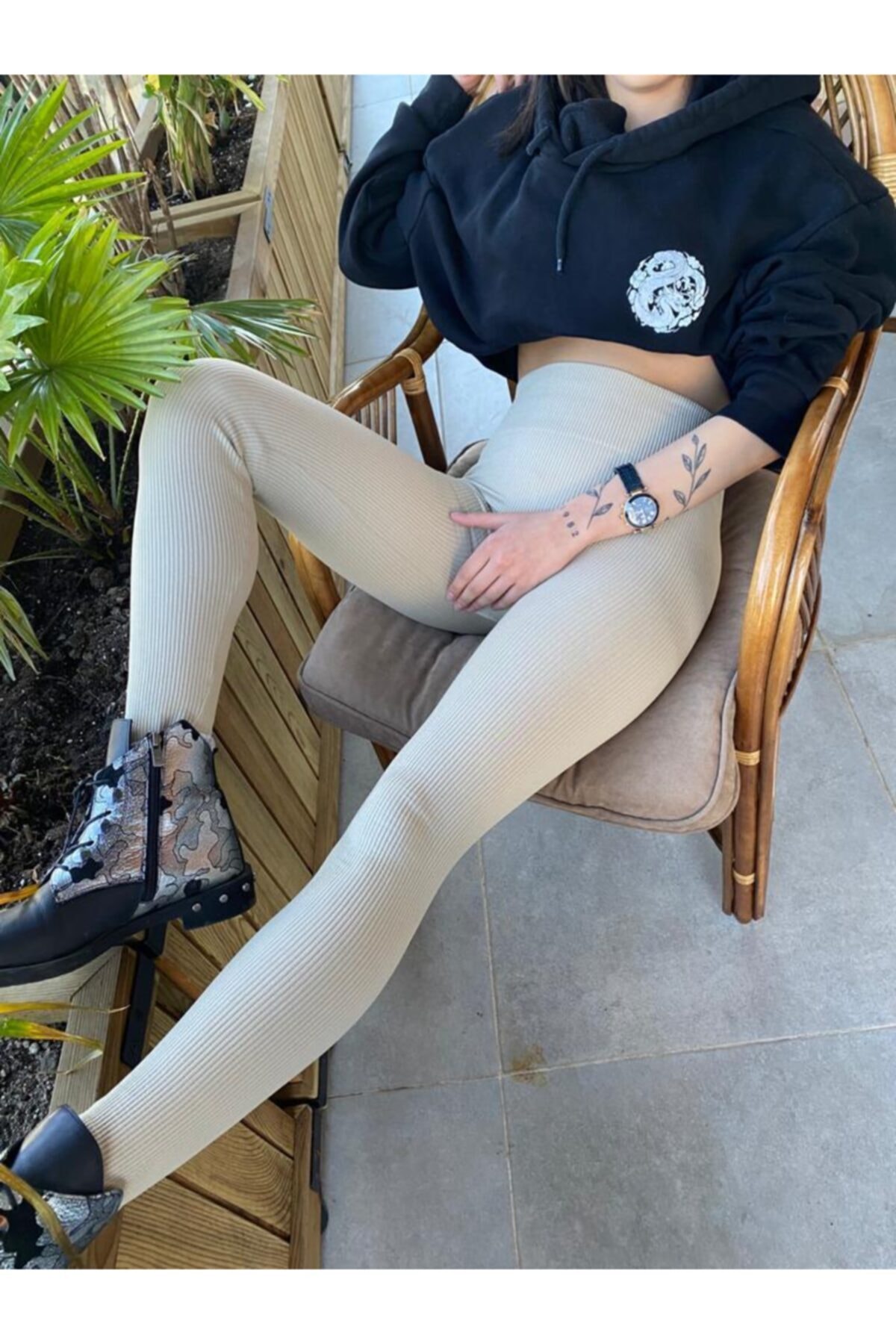 Saree Fashion Kadın Bej Yüksek Bel Dikişsiz Fitilli Tayt