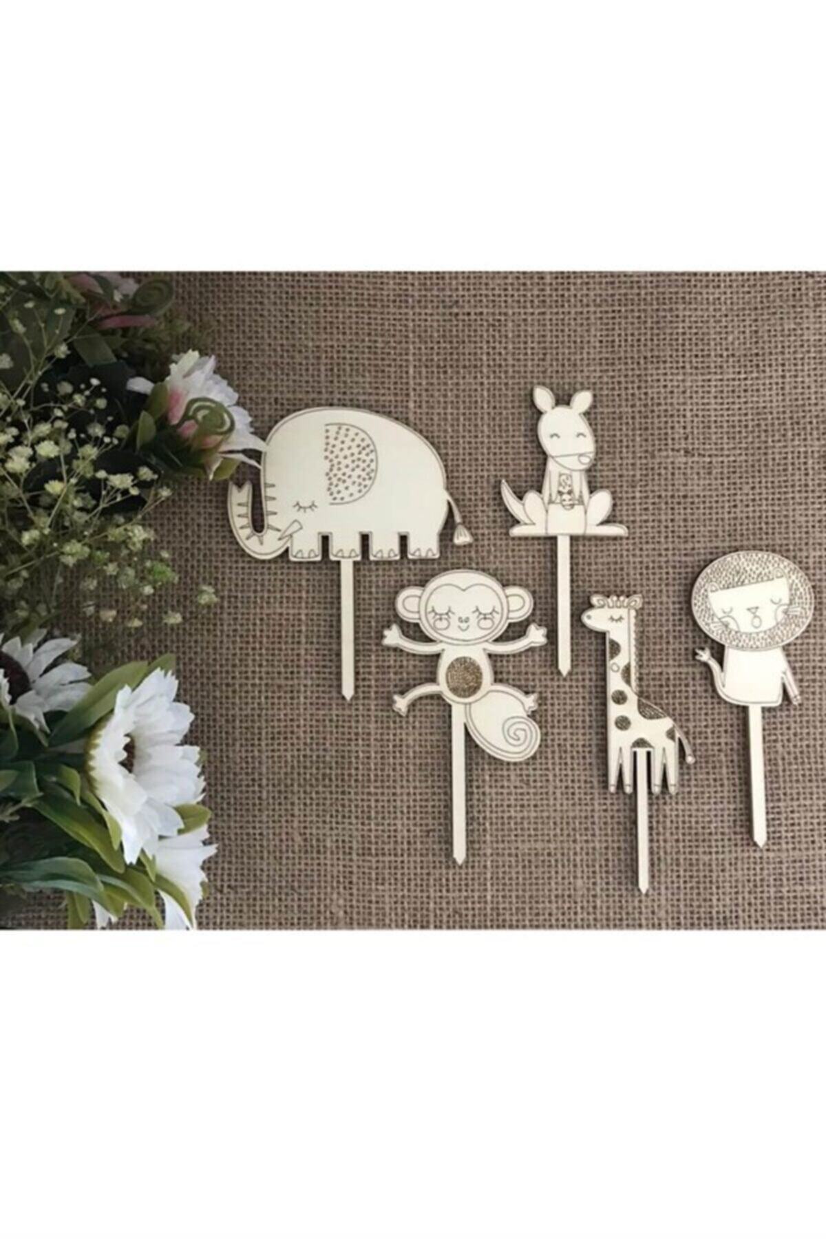 Partifabrik Sevimli Hayvanlar Safari Ahşap Pasta Süsü 5'li Paket
