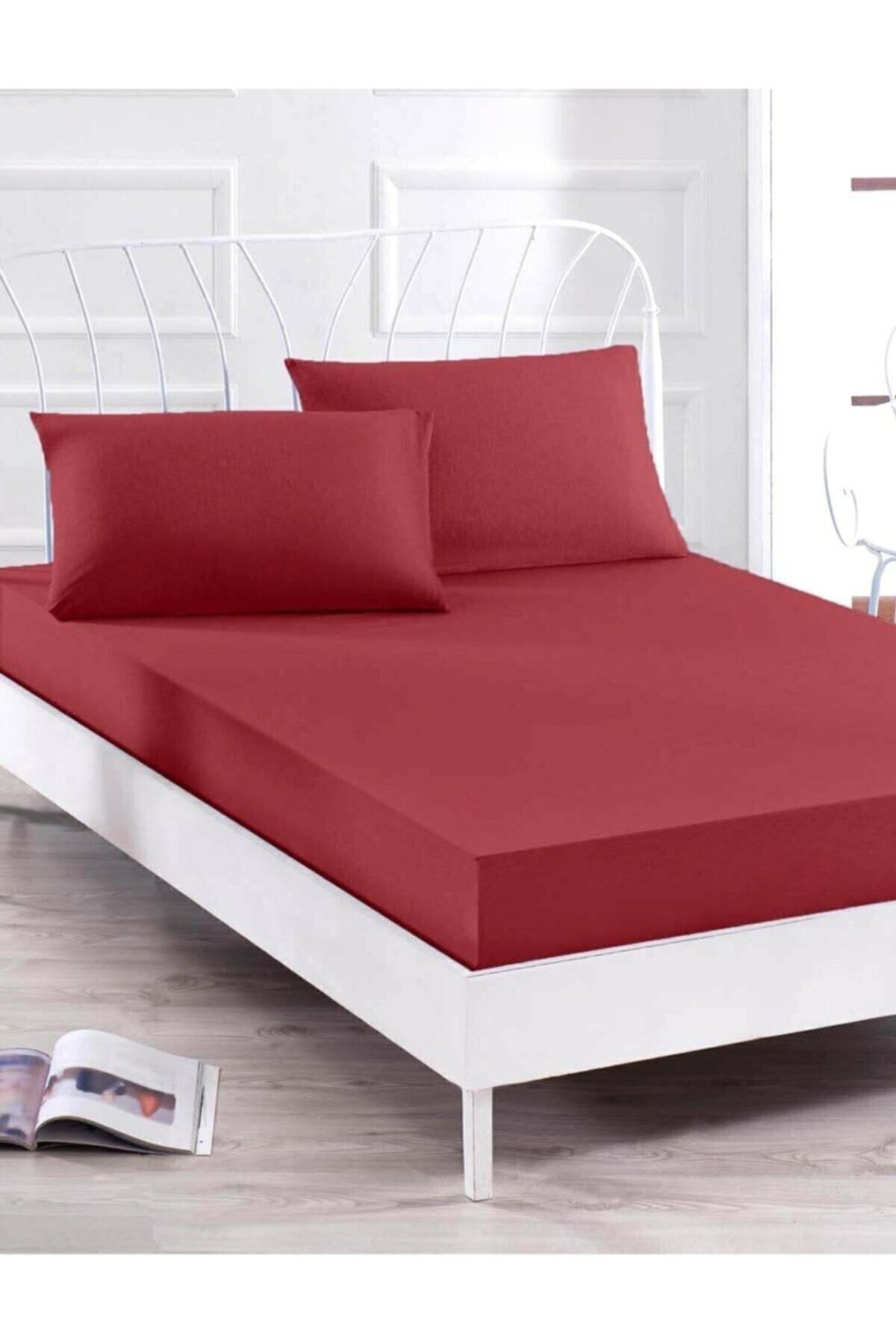 Özdilek ( 180x200+30 ) Battal Boy Fitted Lastikli Kumaş Çarşaf Ve 2 Yastık Kılıfı Bordo