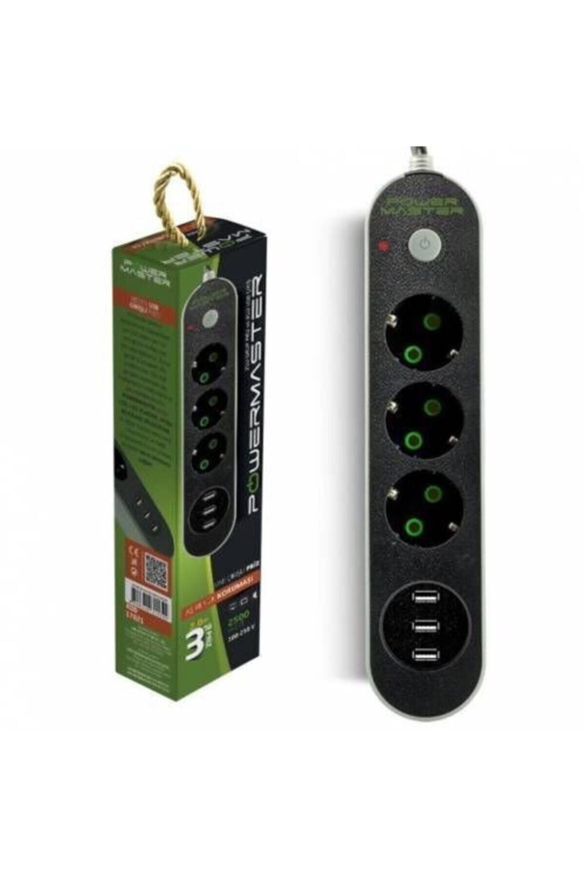 Powermaster Yeni Model 3 Usb Girişli 3'lü Yüksek Akım Koruyucu Çocuk Korumalı Priz 2 m