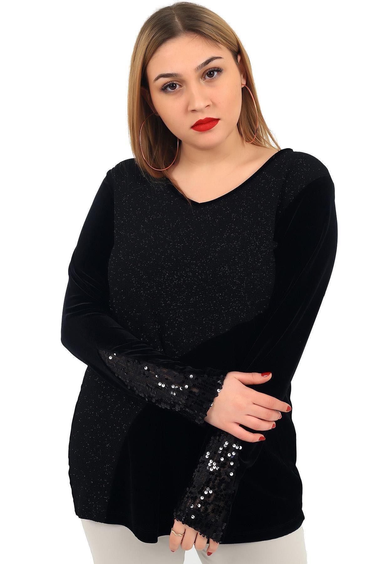 Günay Kadın Bluz Lm43021 V Yaka Pul Payet Sim Kadife Mixli-sıyah
