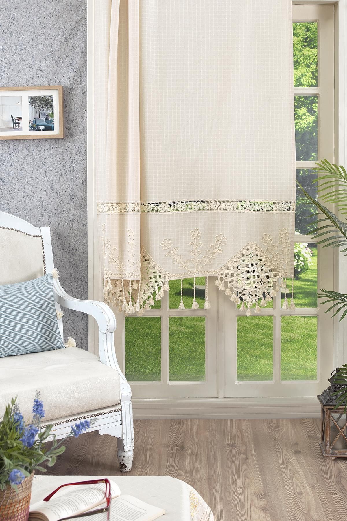 ÖDEL HOME Naturel Buldan Keteni Lase Işlemeli El Işi Dantelli Perde