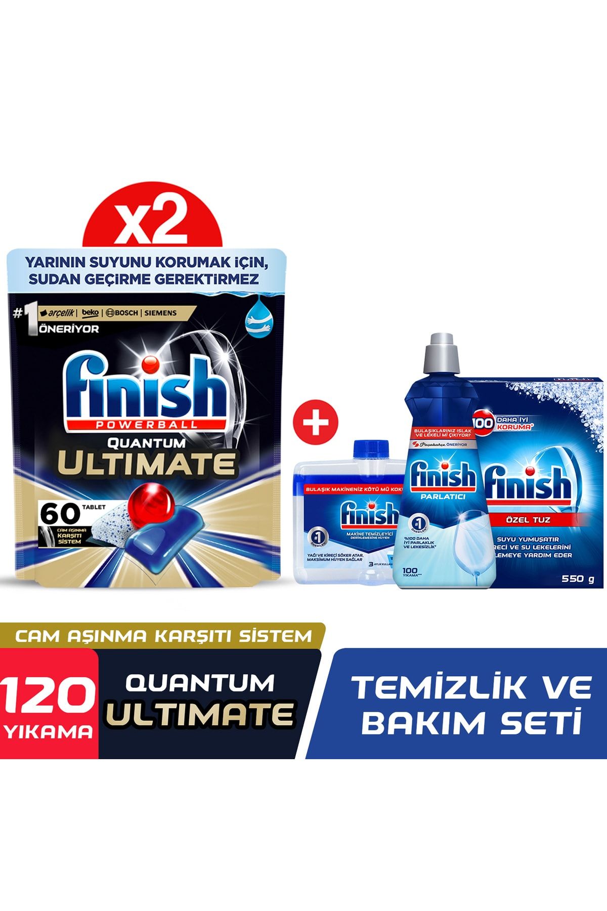 Finish Quantum Ultimate 120 Kapsül Bulaşık Makinesi Deterjanı Tableti (60x2) + Temizlik Ve Bakım Seti