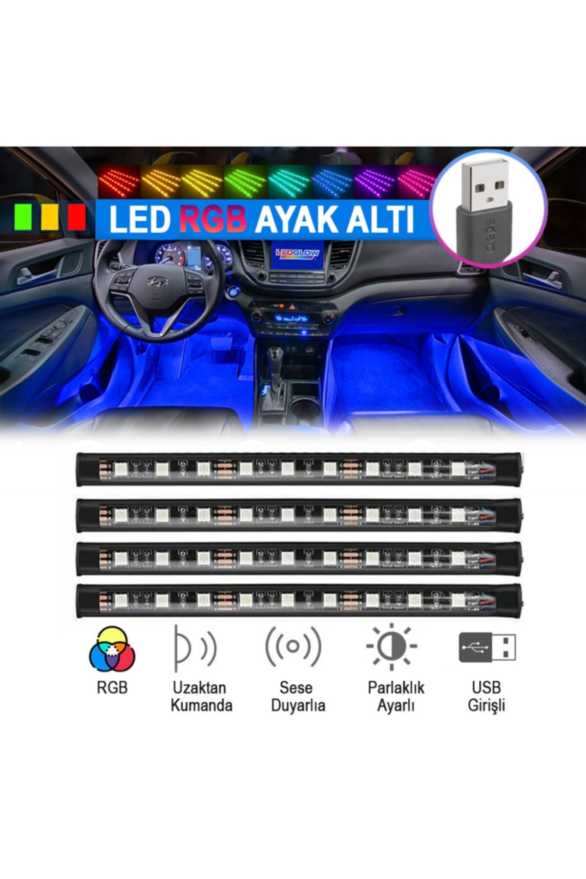 Carmaniaks Usb Girişli Ayak Altı Led Sese Duyarlı Led Müziğe Duyarlı 9 Led