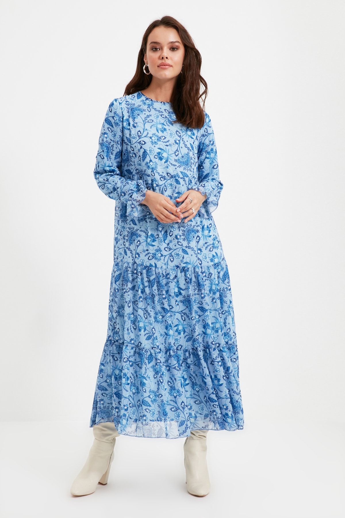 Trendyol Modest Mavi Eteği Volanlı Astarlı Şifon Elbise TCTAW22EB0049