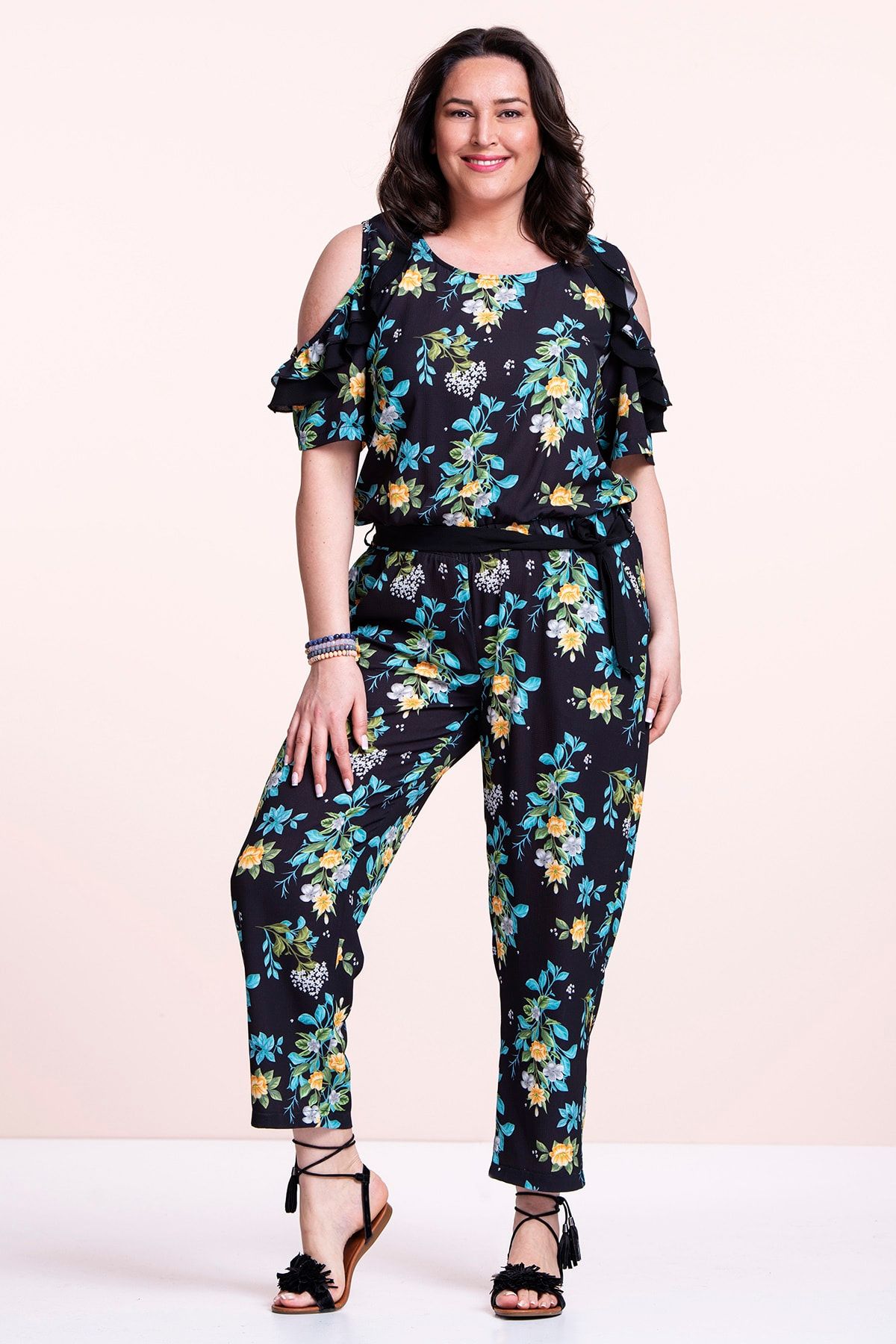 Even Plus Size  Büyük Beden Kadın Giyim Siyah Çiçekli Büyük Beden Tulum