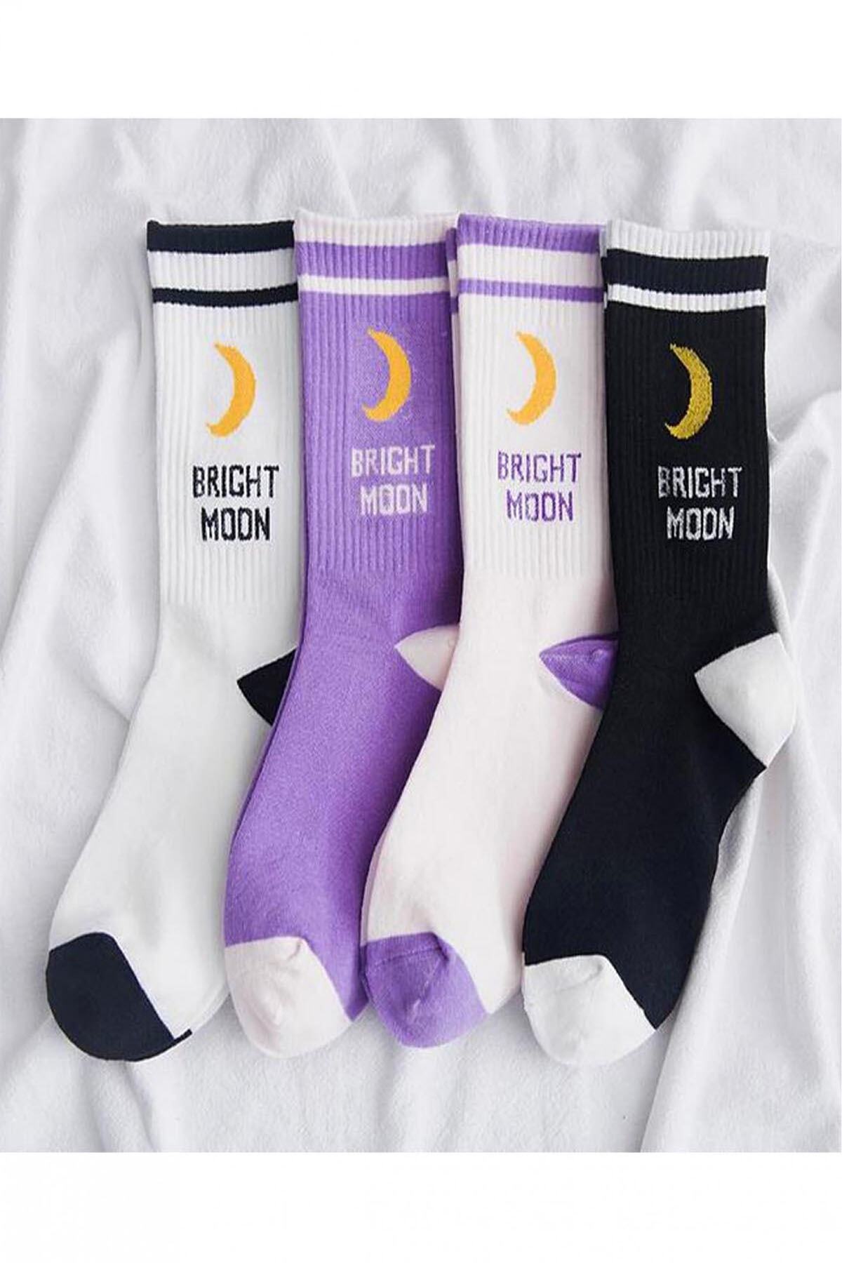 MVS NEWAGE 4'lü Brıght Moon Yazılı Desenli Renkli Soket Çorap Seti