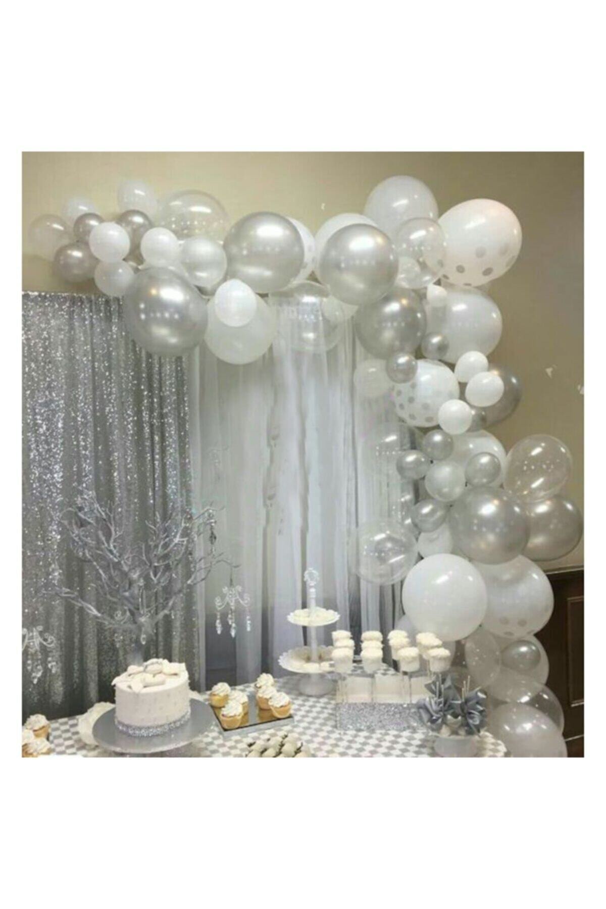 DURU PARTY Zincir Balon Set 100 Ad.gümüş Beyazbalon Zincir Aparat Ve Pompası