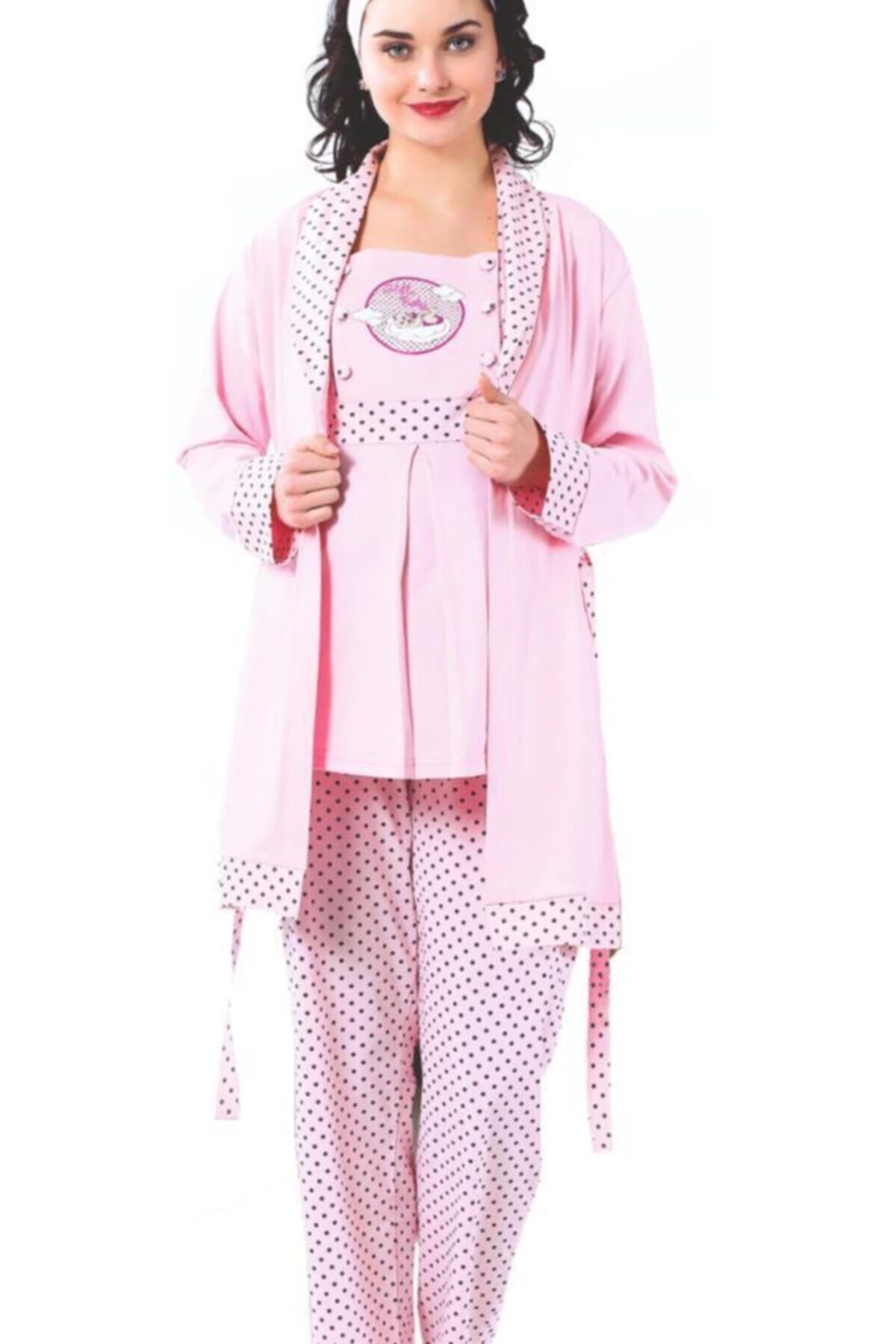 BOYRAZ Hamile Pijama Takımı Emzirmeli Sabahlıklı Kısa Kol 3 Lü Takım 7103