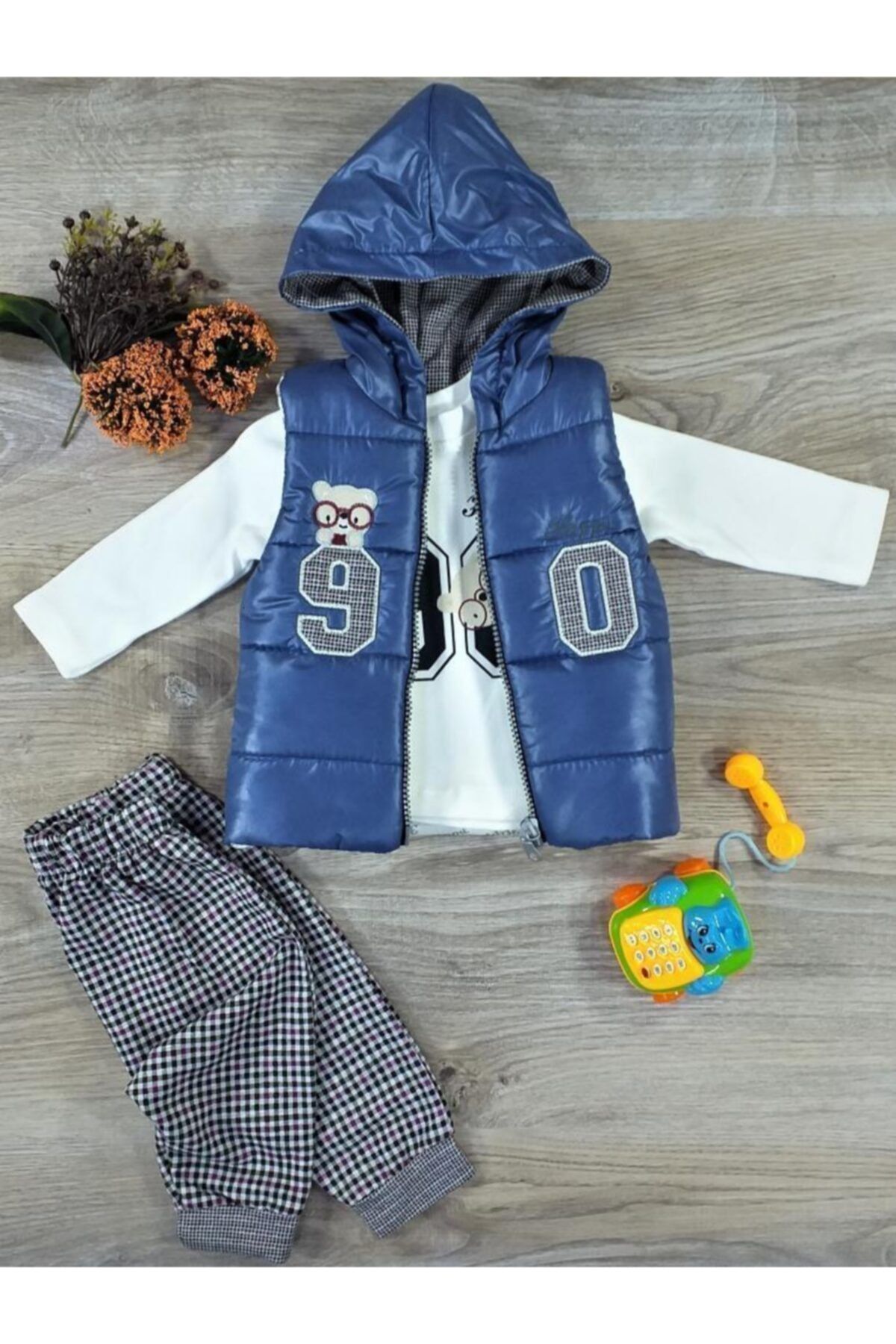 Hippıl Baby Erkek Bebek Çocuk Alt Üst Yelek 3 Parça Takım 6-12-18 Ay