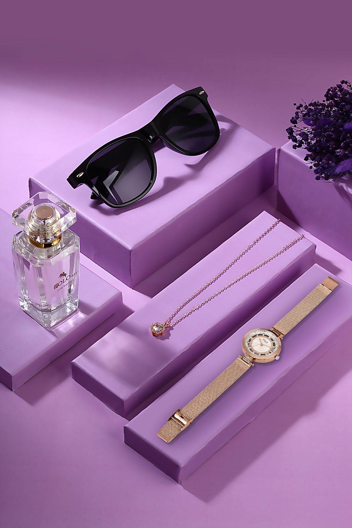 POLO Rucci Kadın Kol Saati Kutulu Set Zirkon Taşlı Tektaş Kolye 50 Ml Parfüm Ve Güneş Gözlüğü Seti