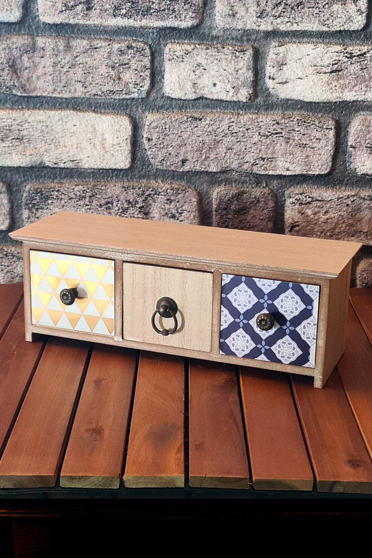 Binbirreyon Vintage Ahşap Kutu 3 Çekmeceli Takı Organizer Çini Desenli Me063