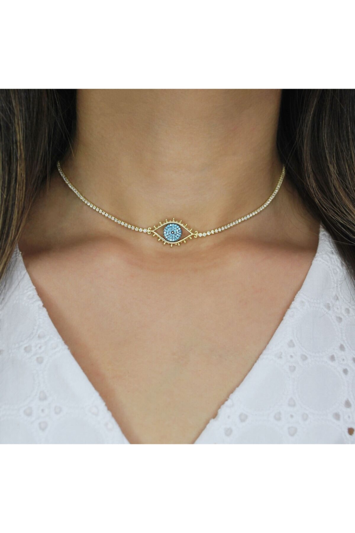 Medcezir Silver Taşlı Göz Su Yolu Gümüş Choker