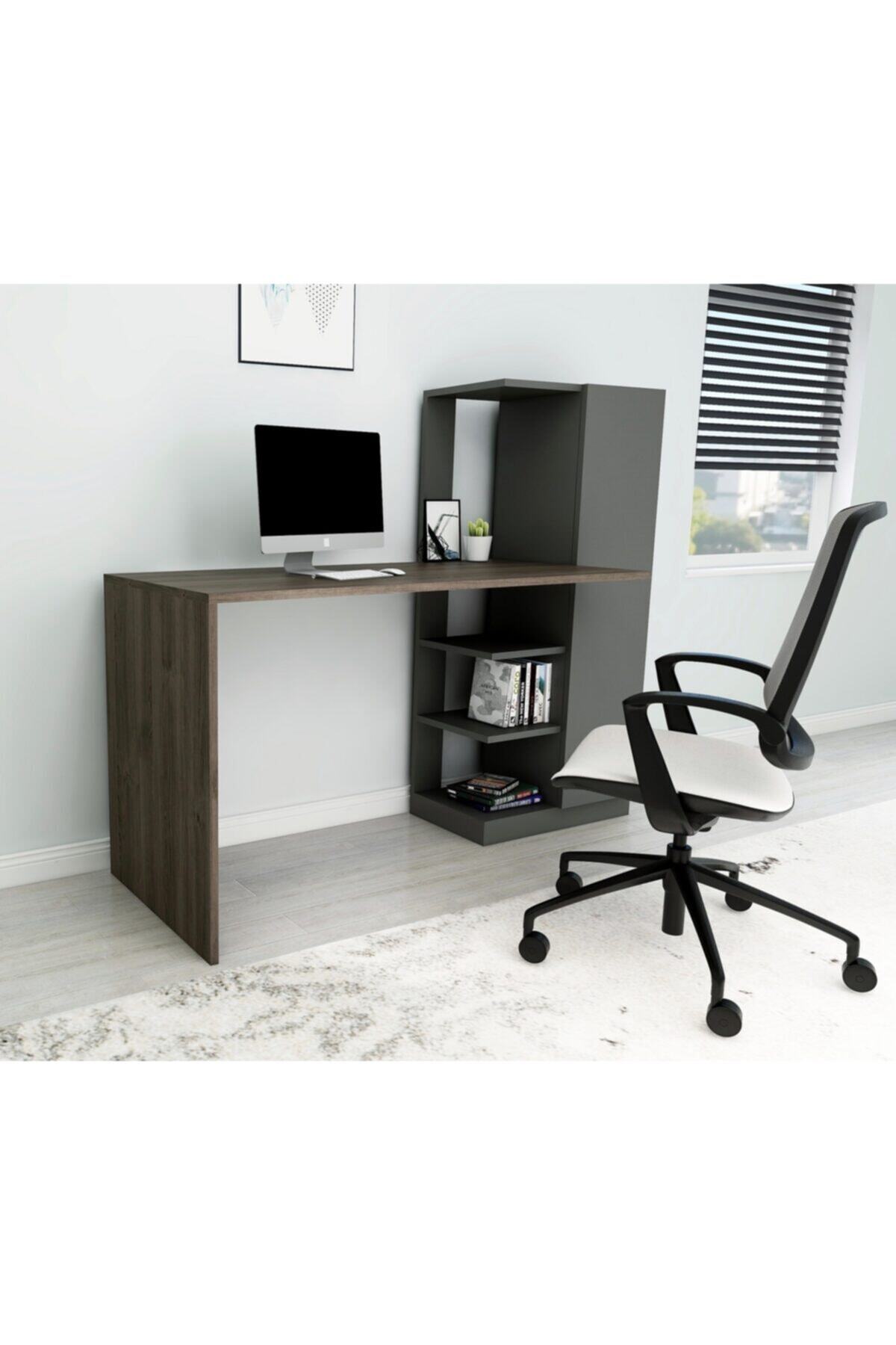 ARNETTİ Yağız Çalışma Masası Ceviz-antrasit 74x120x55 Dolaplı Ve Raflı Dekoratif Tasarım Kolay Kurulum