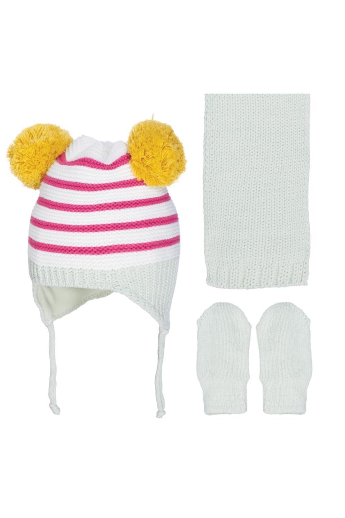 POKY BEBE Yeni Sezon Kız Bebek Çift Ponponlu 0-18 Ay Kulaklı Polar Bere 3'lü Takım-2900-02
