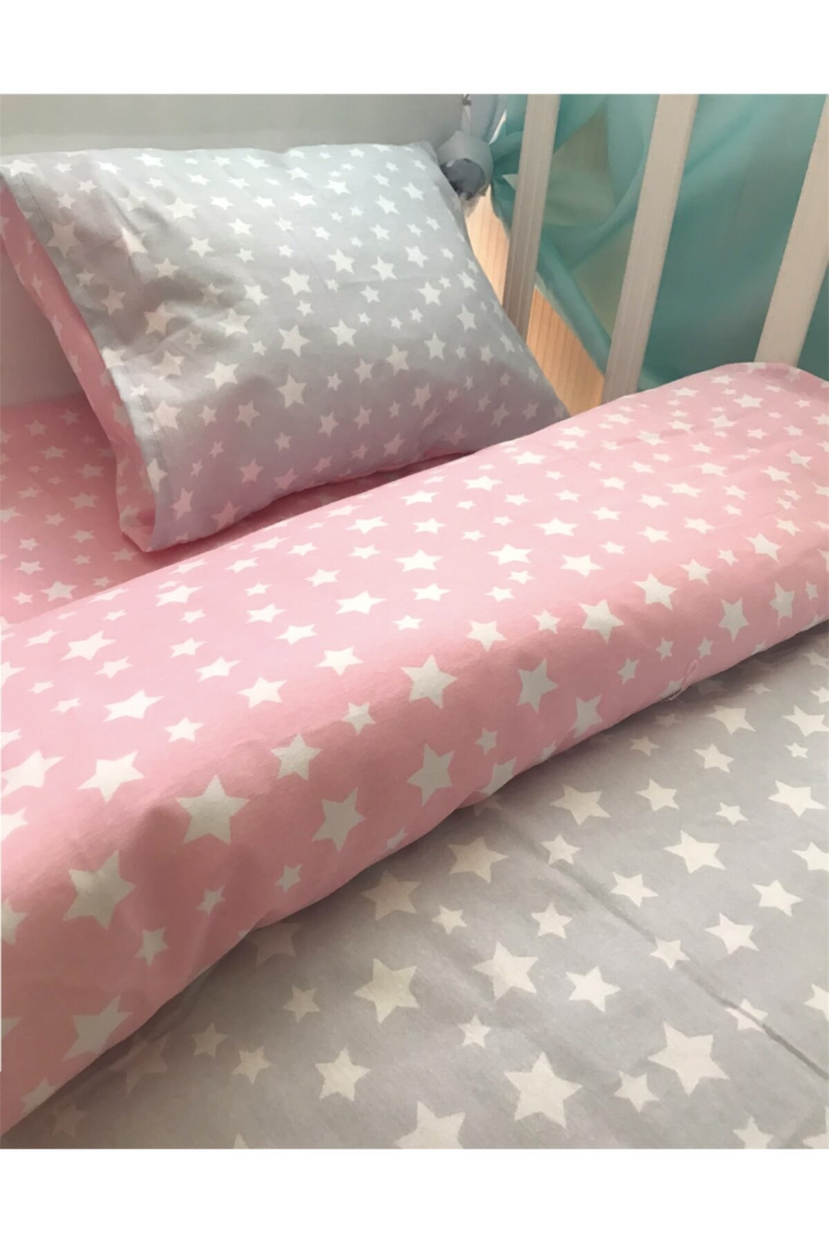 Bebek Özel Pamuklu Bebek/çocuk Yastık Çarşaf Yorgan Seti Pembe Gri Yıldızlı 70x110