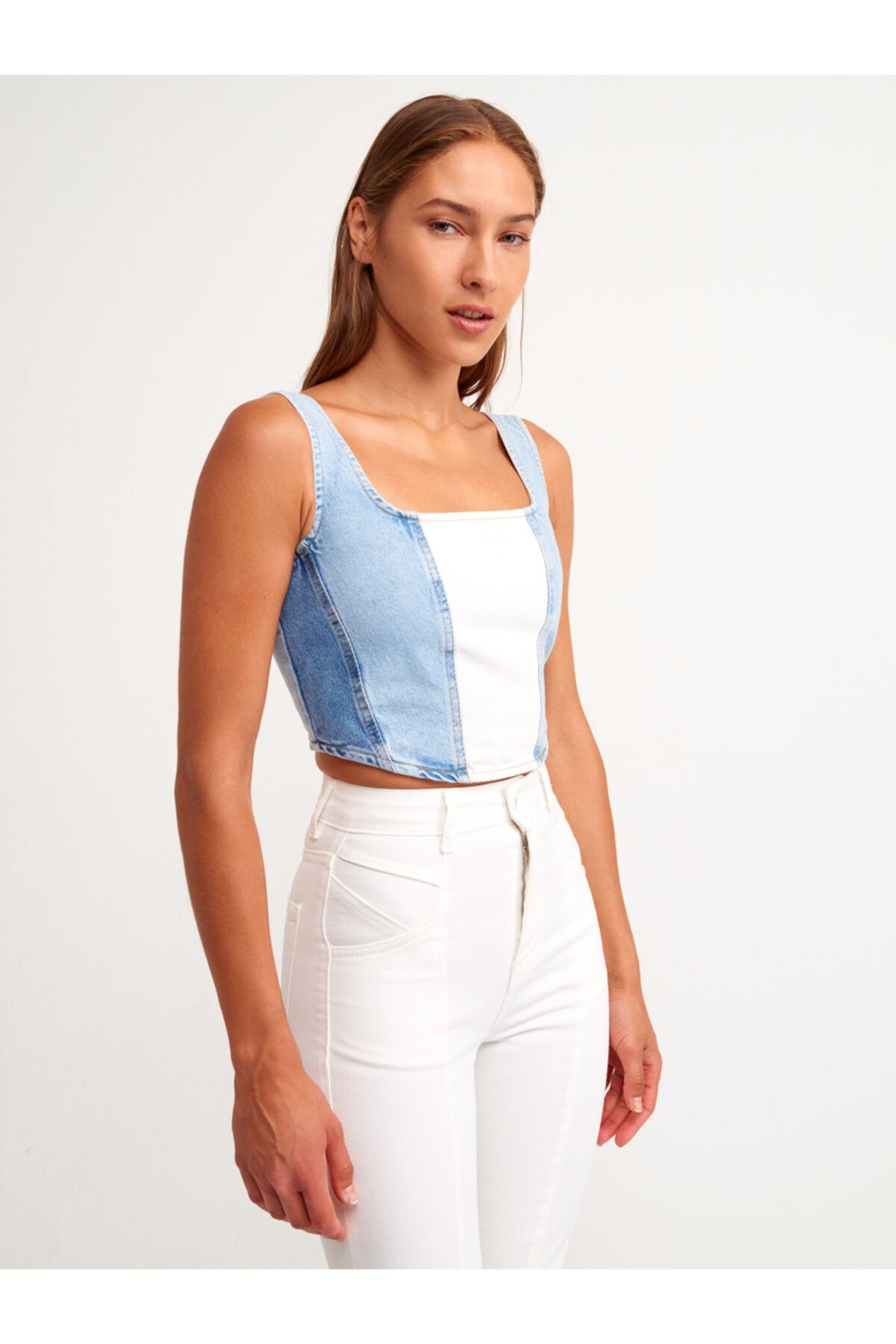 Dilvin 5306 Arkası Lastikli Denim Top-mavi
