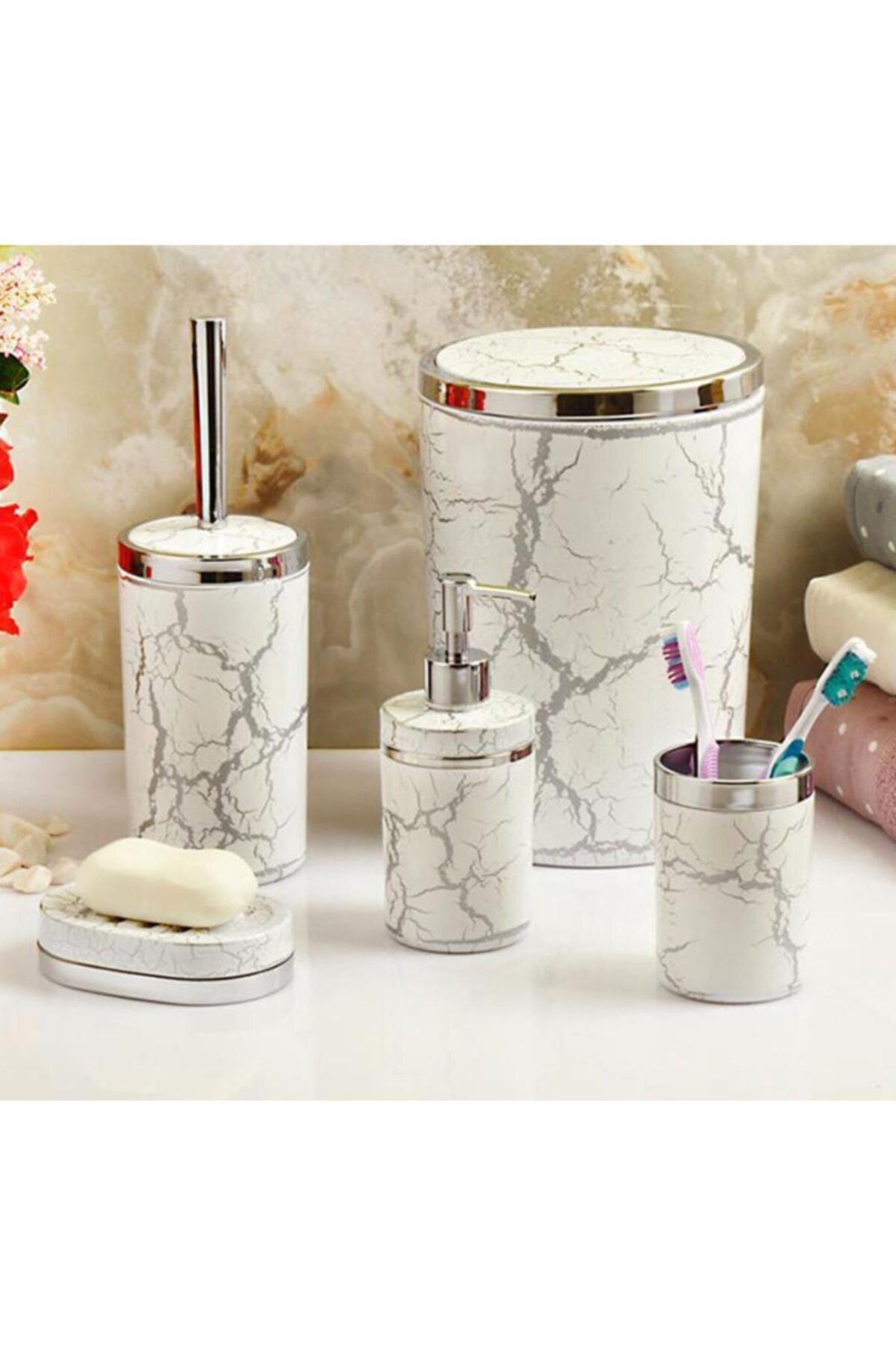 Fidex Home Yuvarlak Beyaz Gümüş Çatlatmalı Banyo Seti