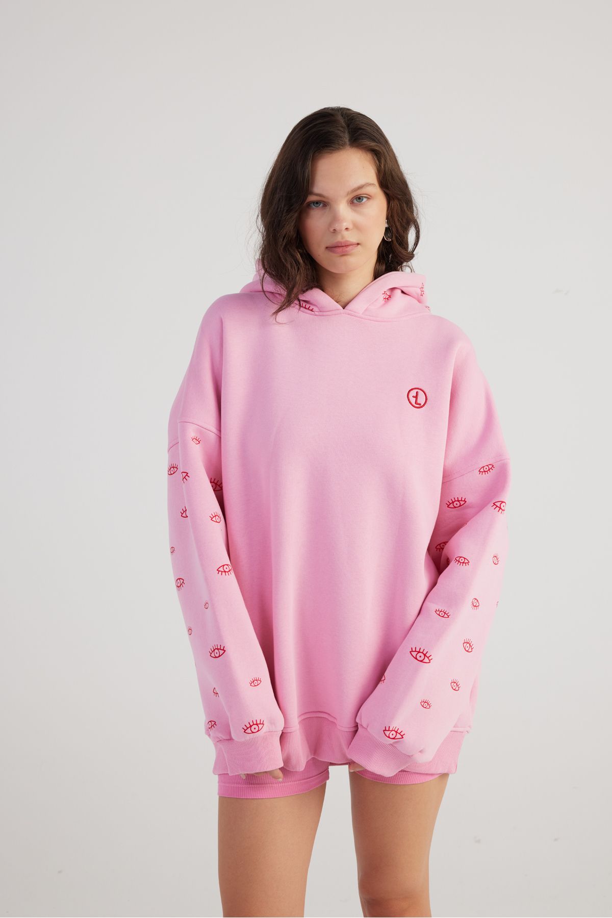 Oversize Kapüşonlu Unisex Eye Sweatshirt Pembe