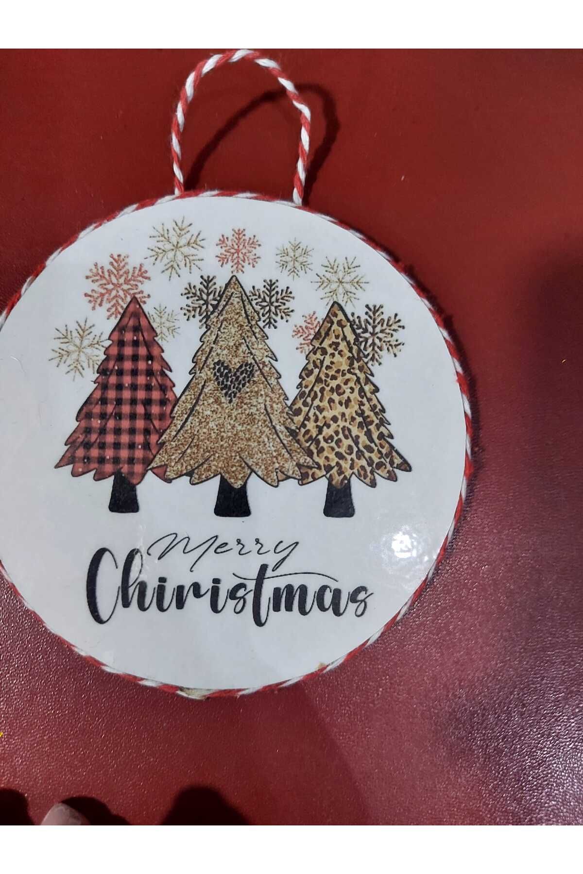 Ahşap Üzerine Baskı 10cm Çap Dörtlü Noel Duvar Süsü Set