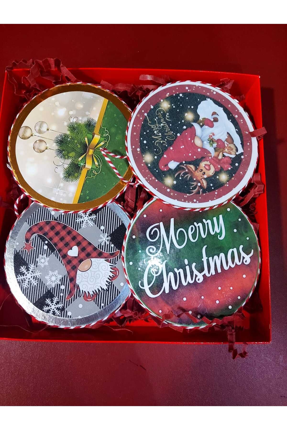 Ahşap Üzerine Baskı 10cm Çap Dörtlü Noel Duvar Süsü Set